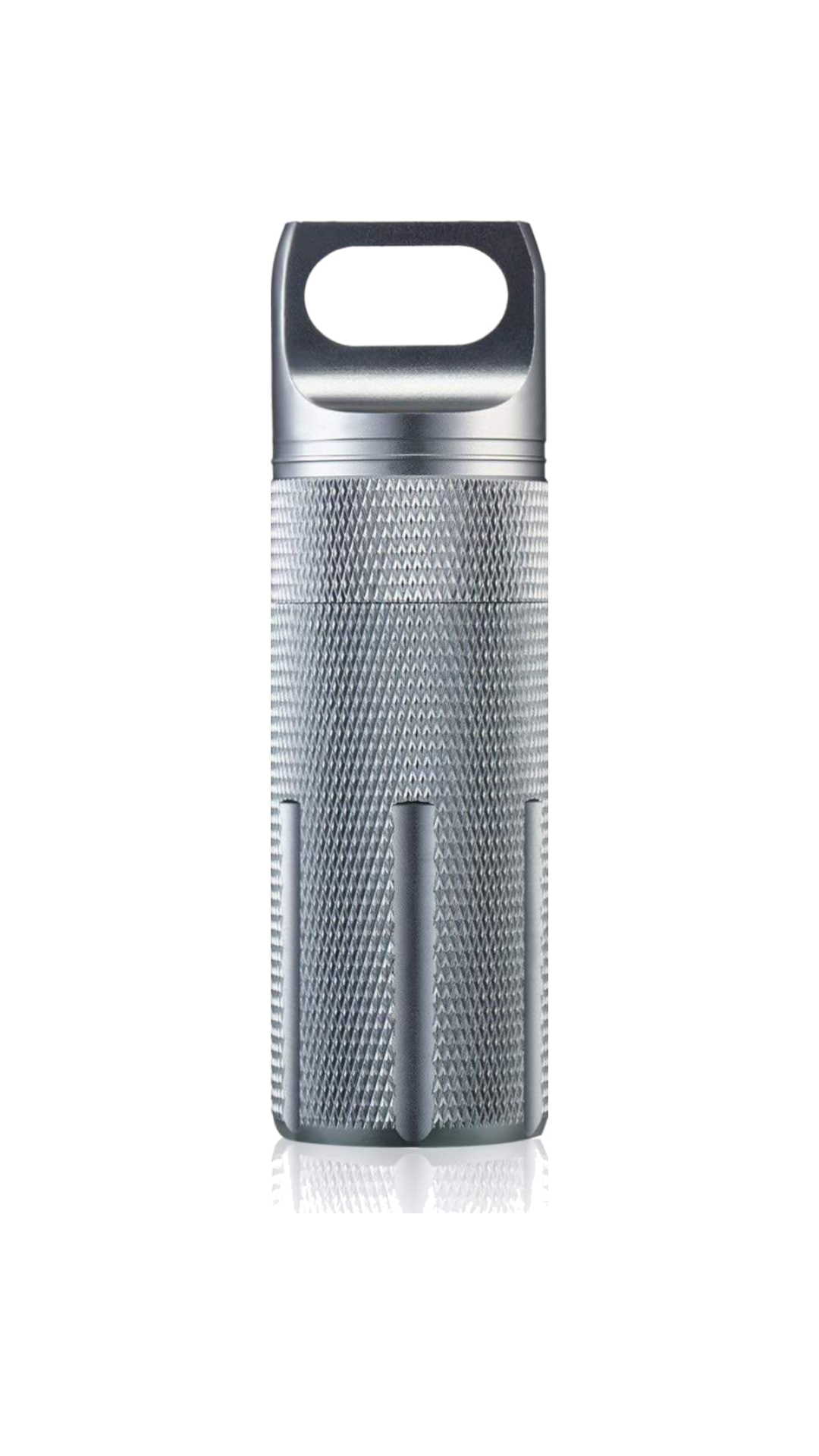 Silver Warden Capsule YubiKey case in anodised aluminium, with a knurled grip and O-ring sealed lid