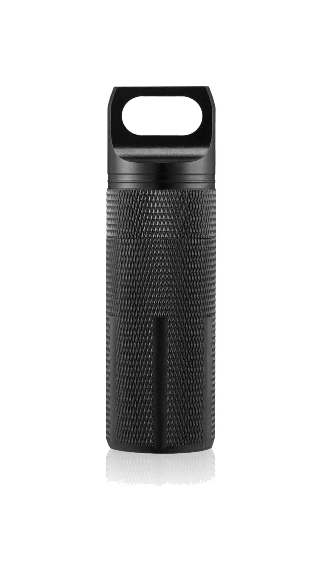 Black Warden Capsule YubiKey case in anodised aluminium, with a knurled grip and O-ring sealed lid