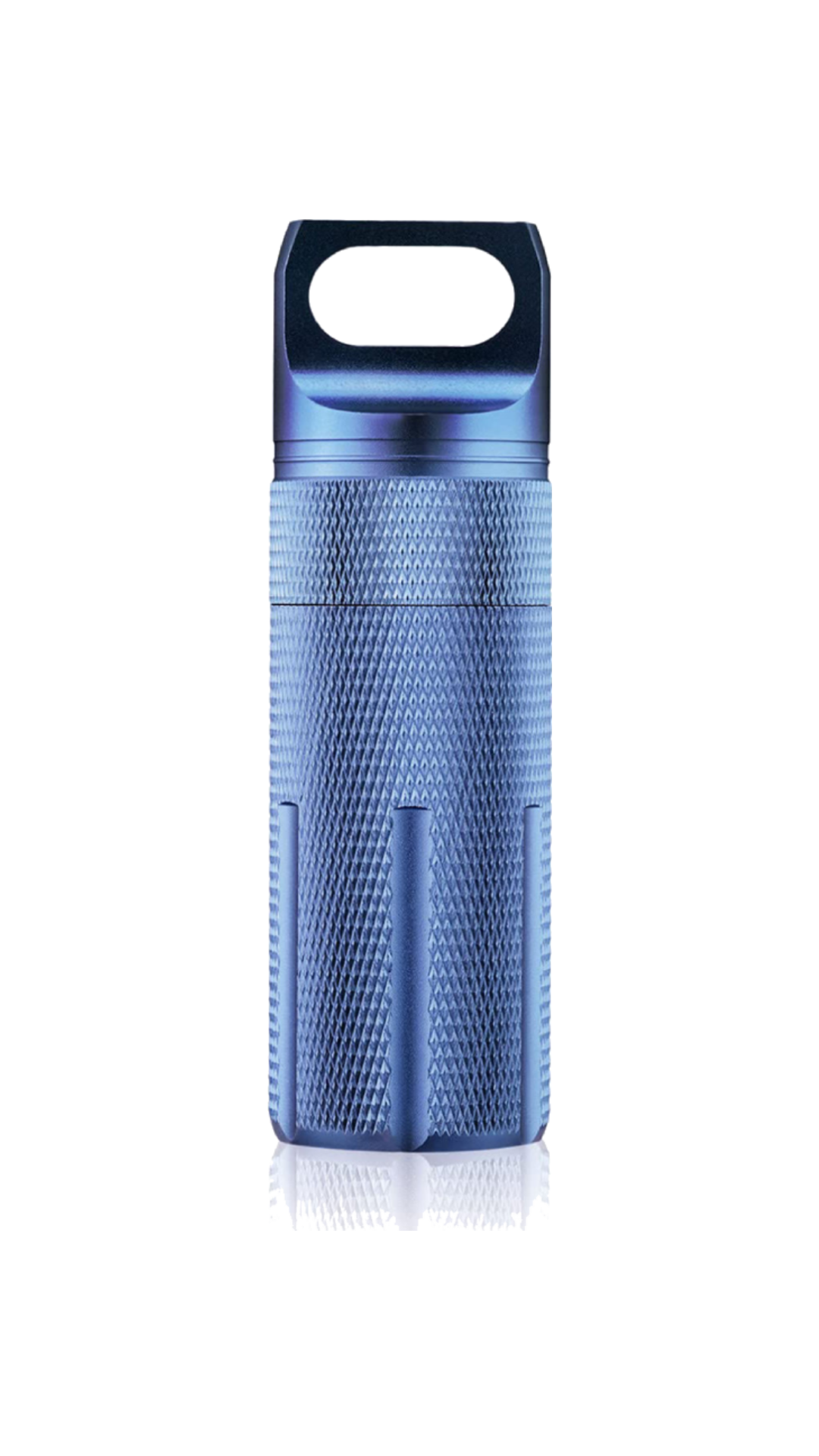 Blue Warden Capsule YubiKey case in anodised aluminium, with a knurled grip and O-ring sealed lid