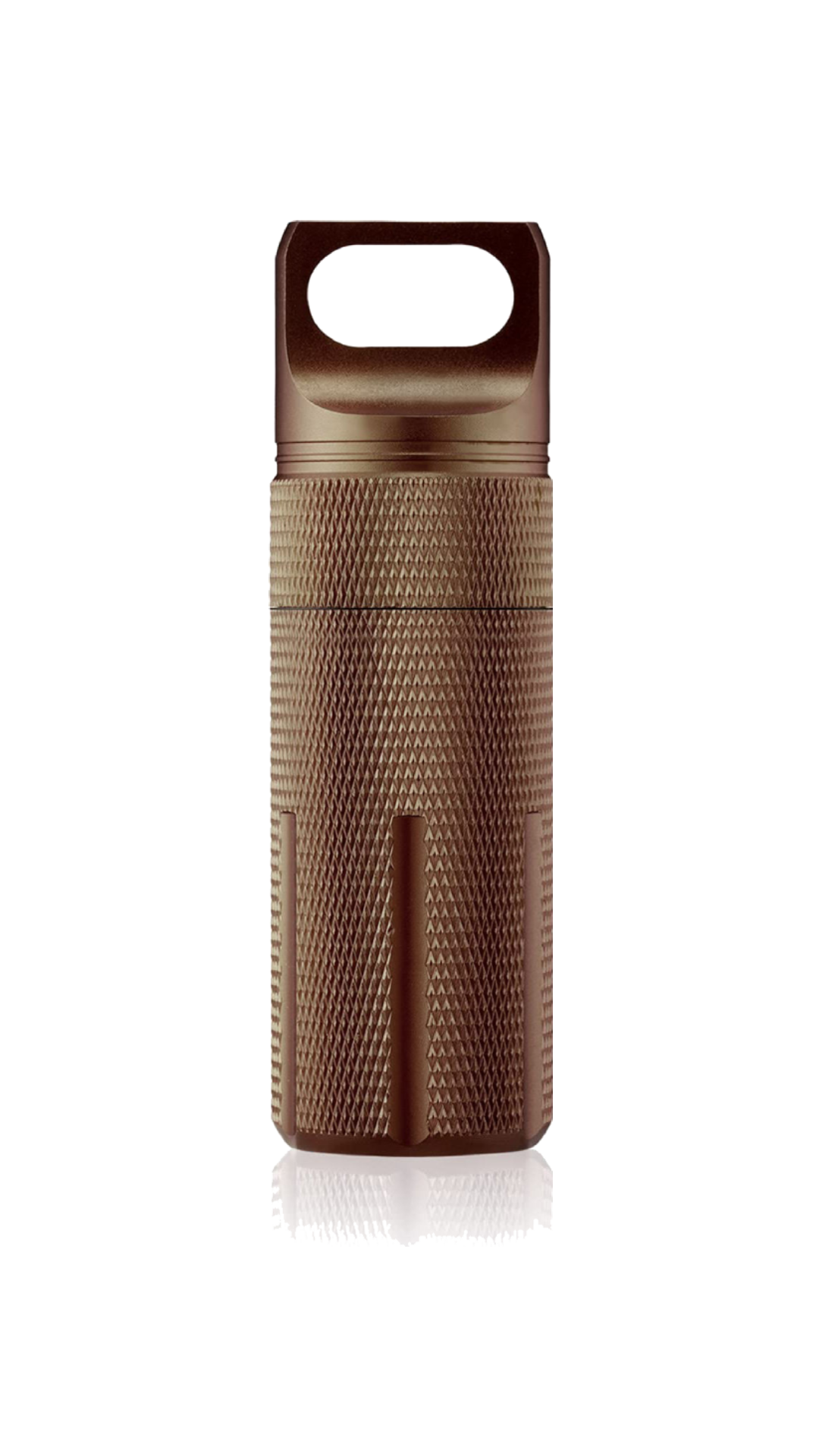 Bronze Warden Capsule YubiKey case in anodised aluminium, with a knurled grip and O-ring sealed lid