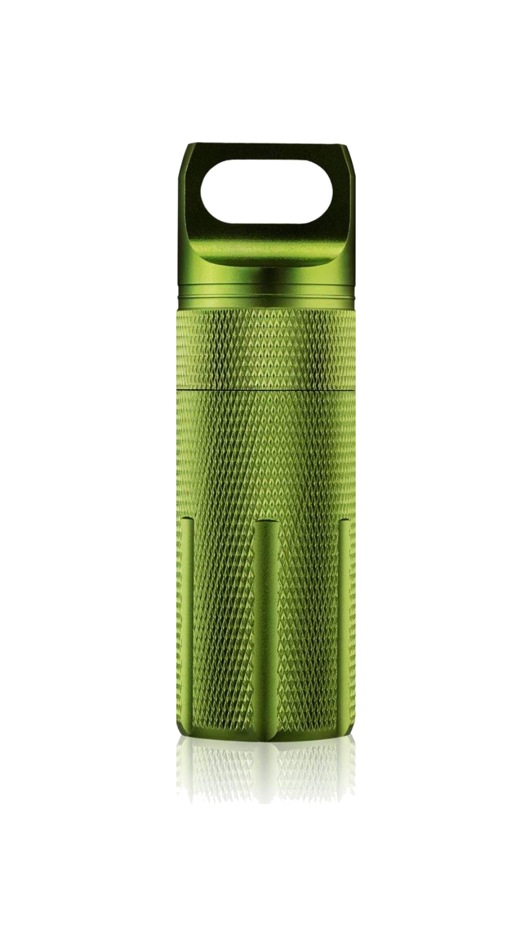 Green Warden Capsule YubiKey case in anodised aluminium, with a knurled grip and O-ring sealed lid