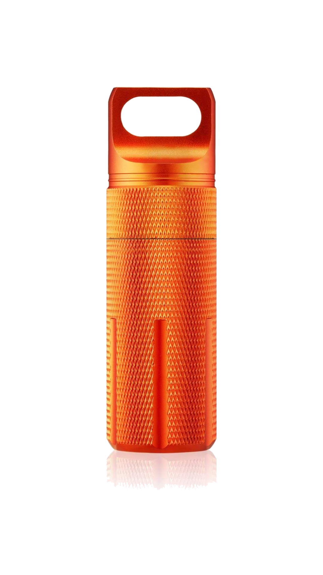Orange Warden Capsule YubiKey case in anodised aluminium, with a knurled grip and O-ring sealed lid
