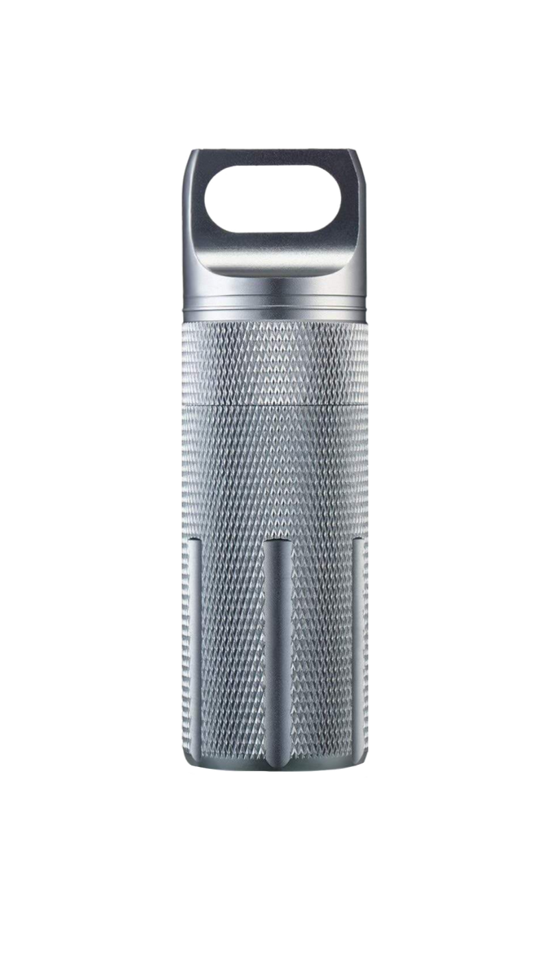 Silver Warden Capsule YubiKey case, machined aluminium with a knurled grip and O-ring sealed lid